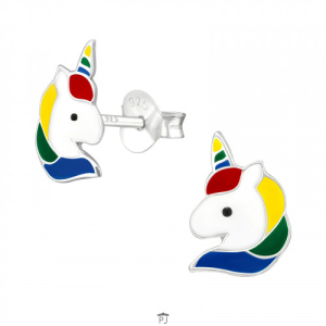 Oorknopjes zilver eenhoorn, rood, groen, geel en blauw